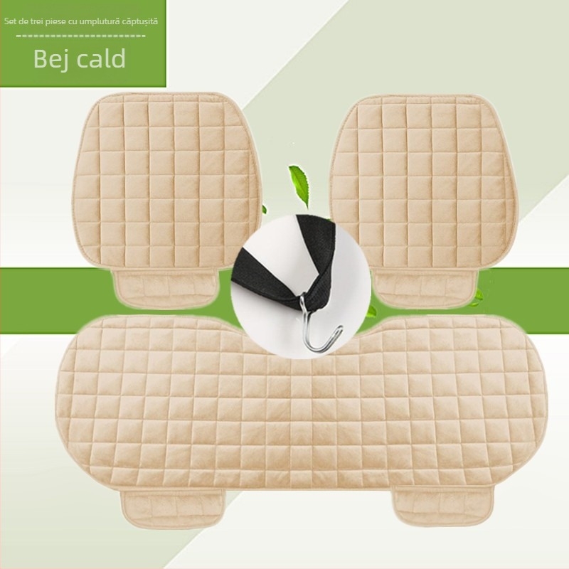 Pernă auto de iarnă, fără spătar, pătrată, brodată, din pluș, fără legături, călduroasă, din trei piese, pernă pentru scaunul individual din față și din spate