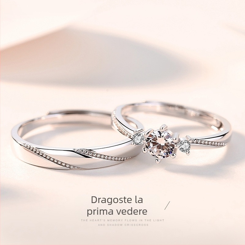 Pereche de inele din argint 925 pentru cuplu, stil coreean Love at First Sight, inele deschise, design geometric, șlefuit cu diamant