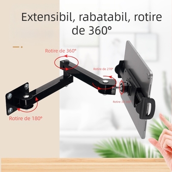 Suport pentru tabletă cu braț magic pliabil orizontal și montaj pe perete, design cu două secțiuni (Model GMS-22; diametru țeavă 25 mm; greutate 725 g; tip pliabil)