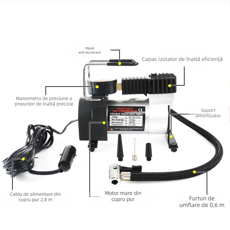 Pompa de aer pentru anvelope auto, cu cilindri duali, carcasă metalică, 12V, 120W, debit 35 L/min, cablu de alimentare 2,8 m, alimentare de la brichetă, cu manometru