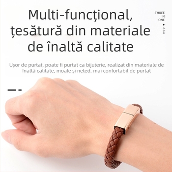 Brățară cablu de date pentru Apple/Huawei/Android — trei interfețe (Lightning, Micro USB, Type-C); conector cu un singur cap; material împletit
