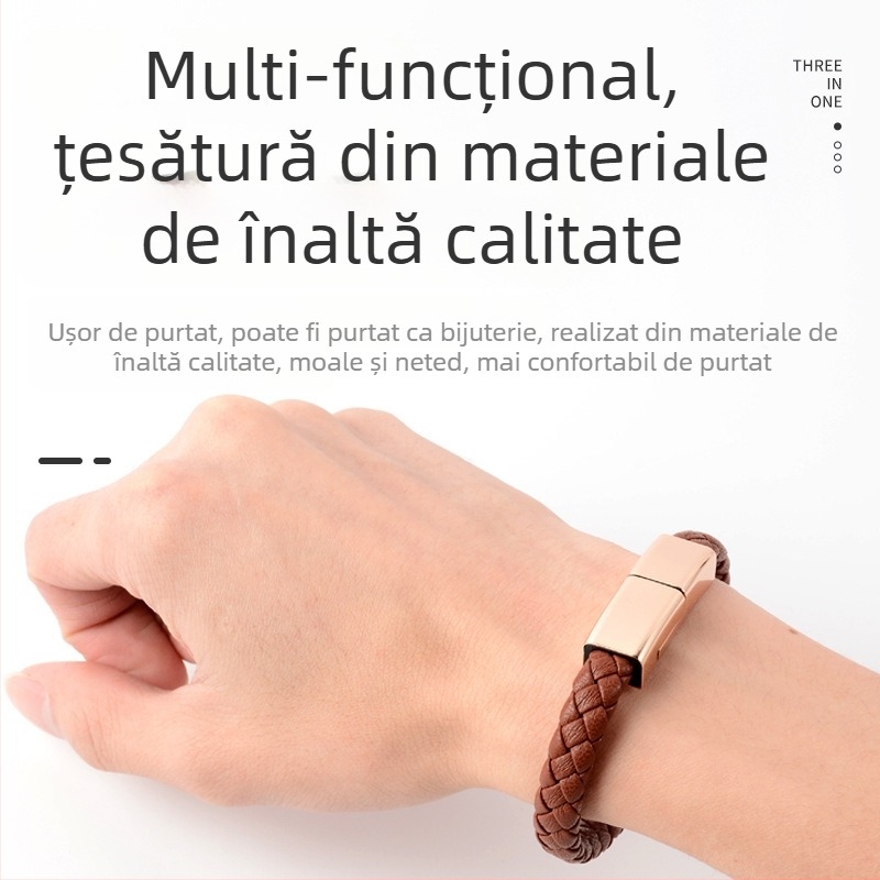 Brățară cablu de date pentru Apple/Huawei/Android — trei interfețe (Lightning, Micro USB, Type-C); conector cu un singur cap; material împletit