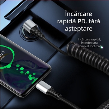 Cablu de date auto Type-C / Lightning, design unghiular anti-spargere, retractabil, 6A, cupru pur