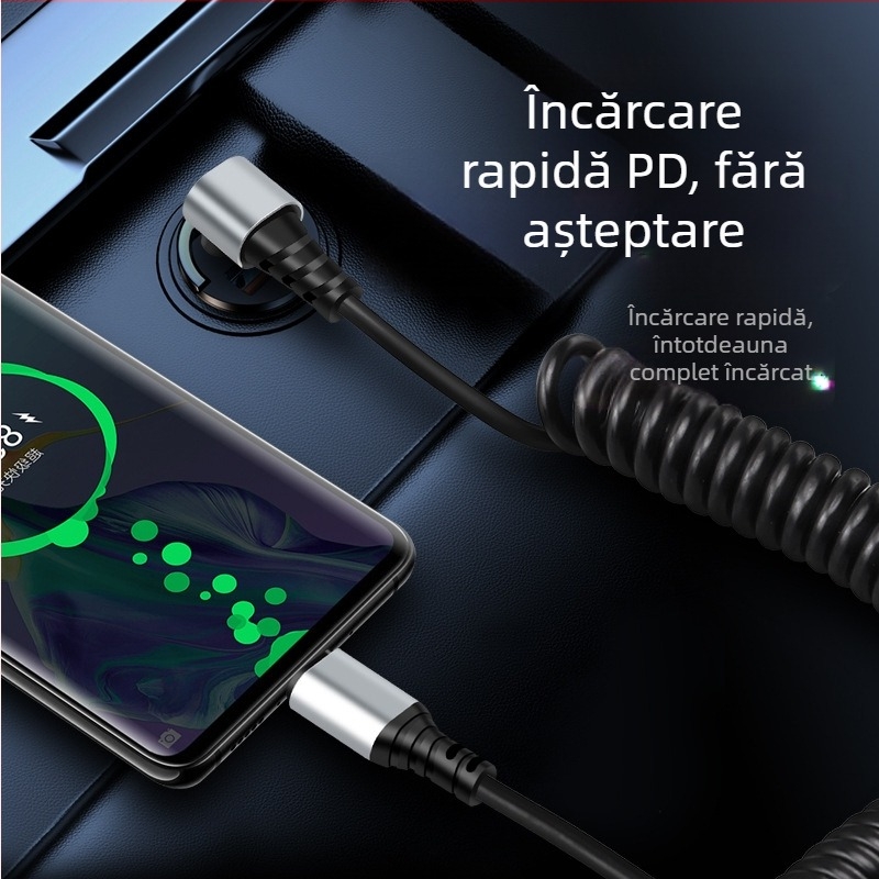 Cablu de date auto Type-C / Lightning, design unghiular anti-spargere, retractabil, 6A, cupru pur