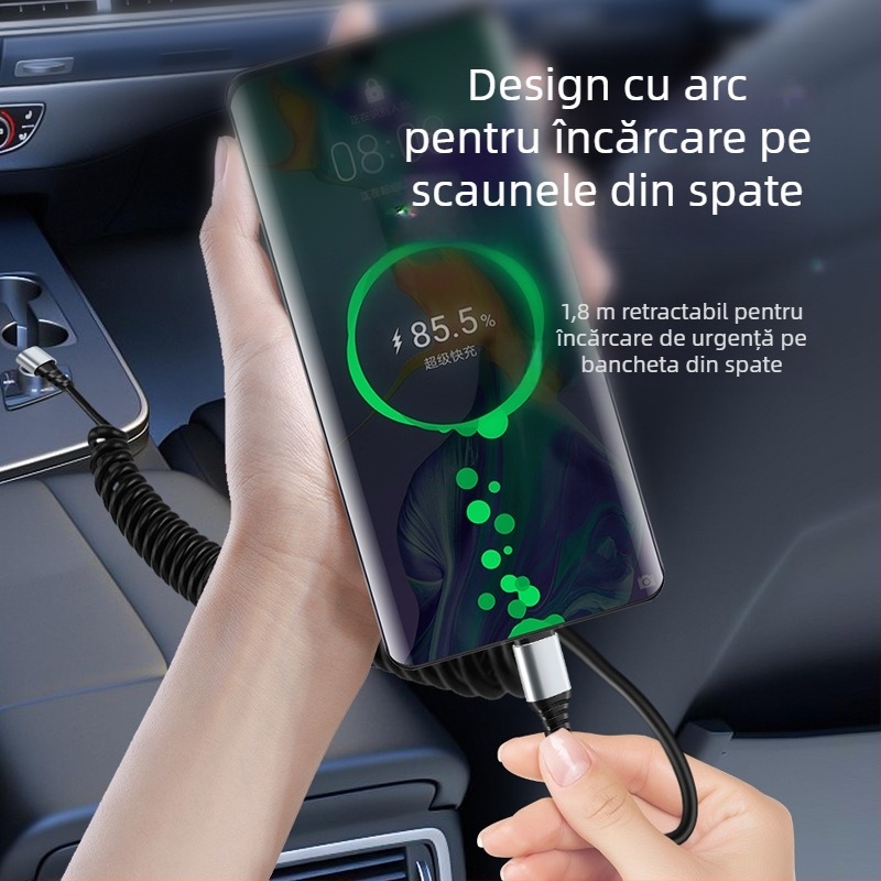 Cablu de date auto Type-C / Lightning, design unghiular anti-spargere, retractabil, 6A, cupru pur