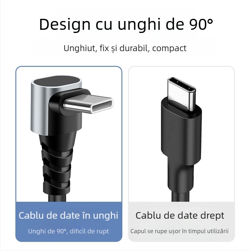 Cablu de date auto Type-C / Lightning, design unghiular anti-spargere, retractabil, 6A, cupru pur