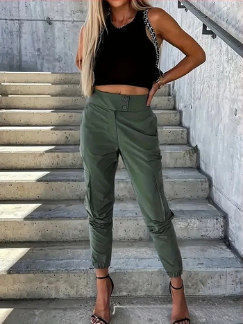 Pantaloni de lucru pentru femei, talie înaltă, croială largă - amestec din poliester 95%+, brand Lanzibes, design cu panouri