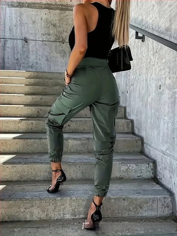 Pantaloni de lucru pentru femei, talie înaltă, croială largă - amestec din poliester 95%+, brand Lanzibes, design cu panouri