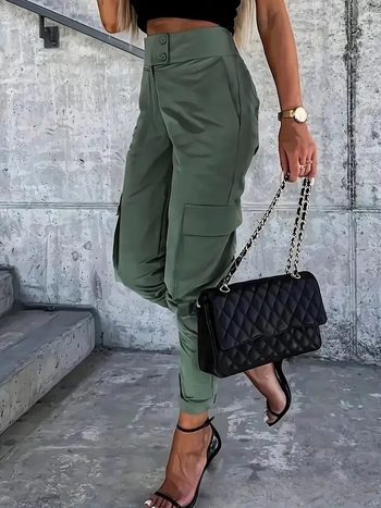 Pantaloni de lucru pentru femei, talie înaltă, croială largă - amestec din poliester 95%+, brand Lanzibes, design cu panouri