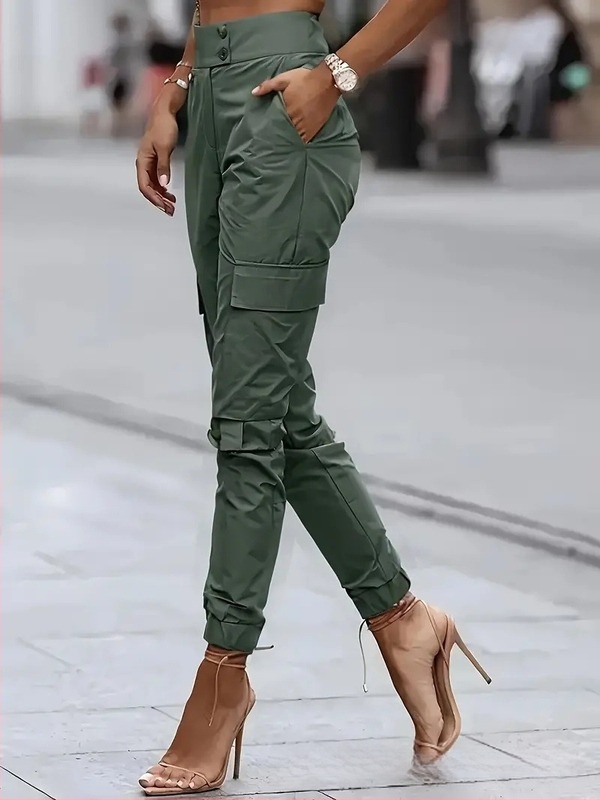 Pantaloni de lucru pentru femei, talie înaltă, croială largă - amestec din poliester 95%+, brand Lanzibes, design cu panouri