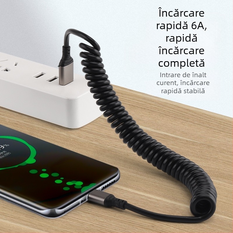 Cablu de încărcare retractabil pentru mașină (Lightning și Type-C) 66W, încărcare rapidă 6A, material: TPE + aliaj de aluminiu