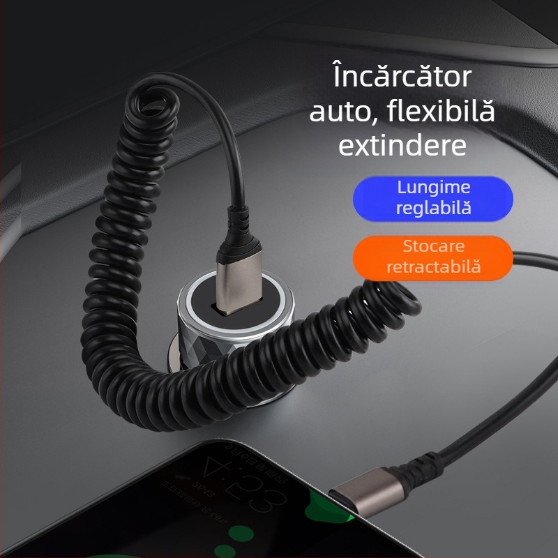 Cablu de încărcare retractabil pentru mașină (Lightning și Type-C) 66W, încărcare rapidă 6A, material: TPE + aliaj de aluminiu