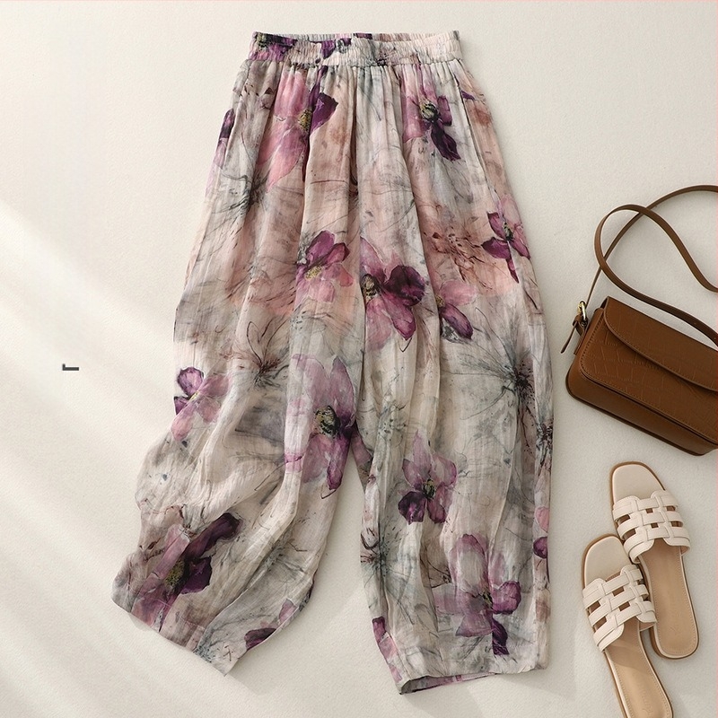Pantaloni casual pentru femei, talie liberă, până la gleznă, imprimeu, amestec cânepă-lin, stil bloomers, țesătură subțire, conținut de in 95%+