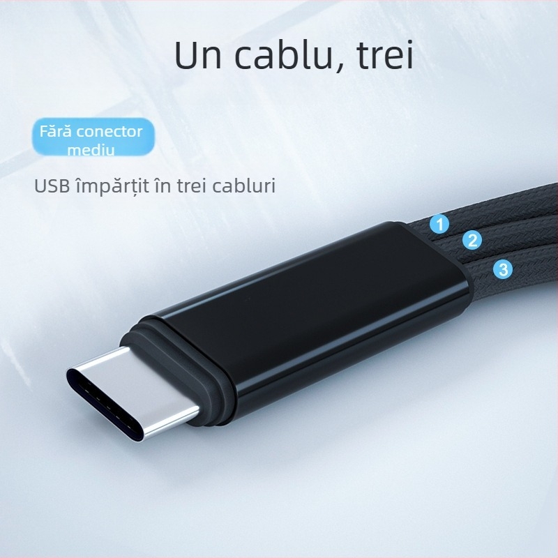 Cablu de încărcare împletit 3-în-1 USB-C/Lightning/Micro USB cu PD Fast Charge, 22.5W, splitter 1-la-3
