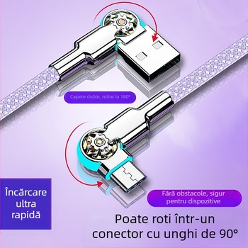 Cablu 3-în-1 pentru încărcare rapidă și transfer de date USB-C/Lightning/Micro-USB, articulație rotativă dublă, țesut