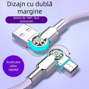 Cablu 3-în-1 pentru încărcare rapidă și transfer de date USB-C/Lightning/Micro-USB, articulație rotativă dublă, țesut