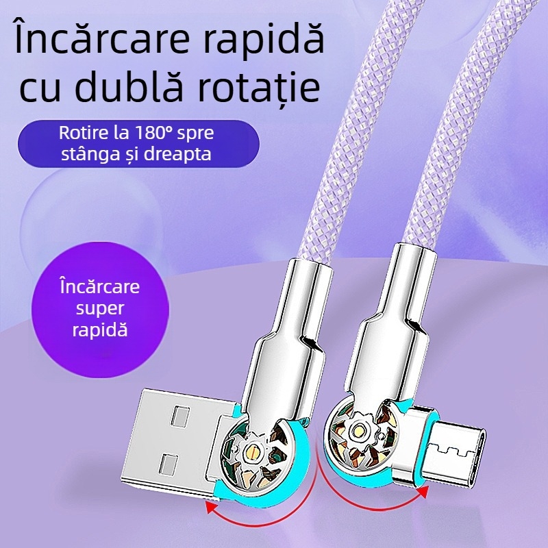 Cablu 3-în-1 pentru încărcare rapidă și transfer de date USB-C/Lightning/Micro-USB, articulație rotativă dublă, țesut