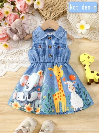 Rochie fără mâneci pentru fetiță, guler în stil cămașă, imprimare digitală cu temă animal, stil prințesă, țesătură Milk Silk, căptușeală 100% poliester, pentru 1–3 ani