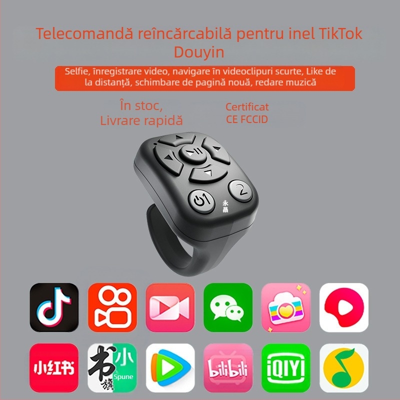Distanțier Bluetooth în formă de inel pentru înregistrarea video pe telefon și derularea paginilor, model J6, carcasă ABS, 5 g