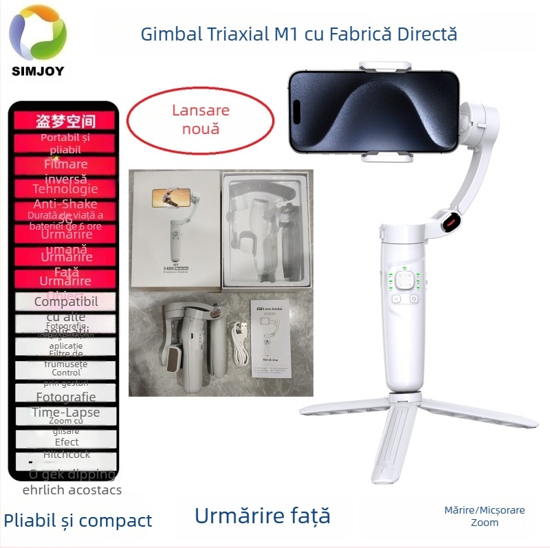 M1 Gimbal Portabil Pliabil cu Stabilizare pe 3 Axe, Urmărire Facială, Zoom, Compatibil cu Telefoane 4–6,8 Inch