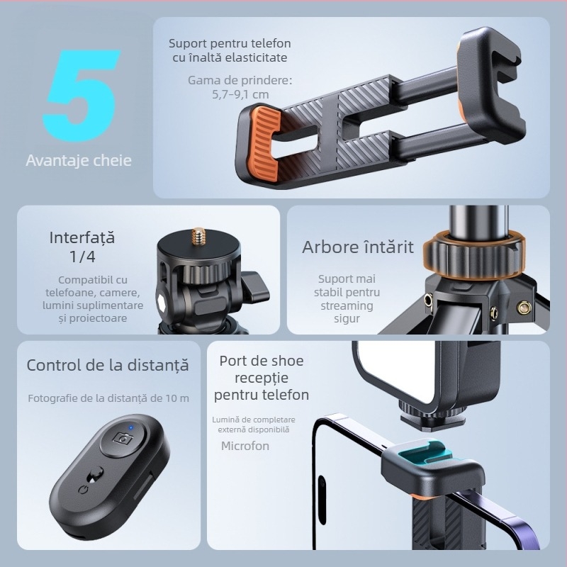 Suport pentru telefon pentru selfie cu clip Bluetooth și lumină de umplere, stativ din aliaj pentru podea pentru fotografii în aer liber - jisnn