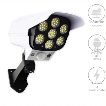 Lampa stradală solară LED pentru exterior, cu senzor de mișcare și design de cameră simulată, IP65, 10W, 3.7V, durată de viață 10.000 h
