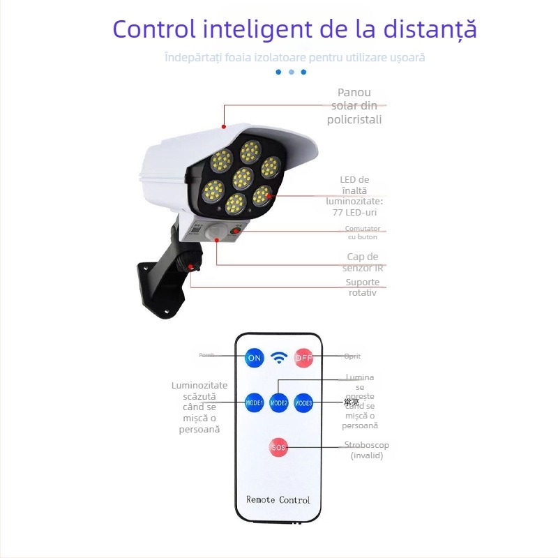 Lampa stradală solară LED pentru exterior, cu senzor de mișcare și design de cameră simulată, IP65, 10W, 3.7V, durată de viață 10.000 h