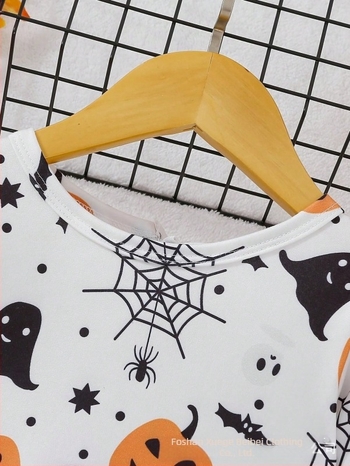 Rochie pentru fete Halloween Pumpkin Ghost, Stil prințesă, mâneci lungi, țesătură Milk Silk