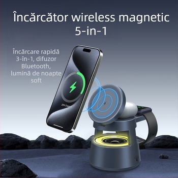 Încărcător wireless magnetic 5 în 1 pentru dispozitive Apple, încărcare rapidă QC3.0, încărcare magnetică, putere totală 20W, putere de ieșire 10W, certificate CE/FCC/ROHS