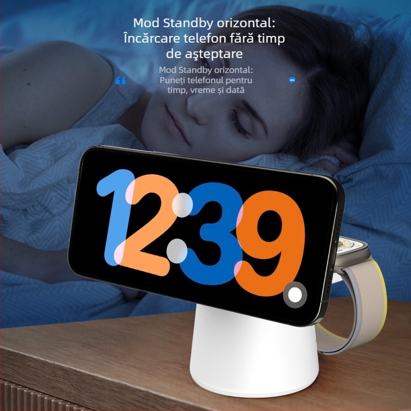 Încărcător wireless magnetic Qi2, 3 în 1, pliabil, USB-C, 1–3 conectori, compatibil cu iPhone 15, AirPods și Apple Watch