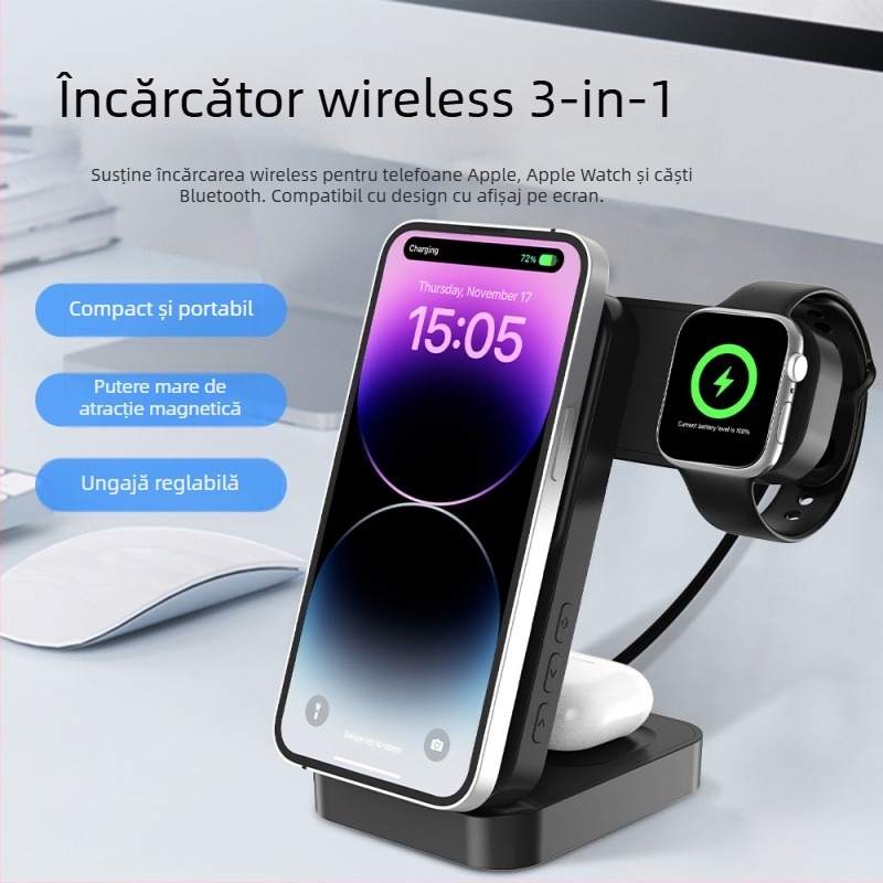 Încărcător wireless 3 în 1 pentru ceasuri, căști și telefoane – încărcare rapidă QC3.0 – afișaj magnetic rotativ al puterii – ieșire 15W (putere totală 23W)