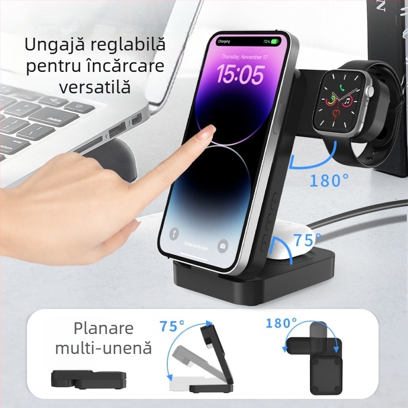 Încărcător wireless 3 în 1 pentru ceasuri, căști și telefoane – încărcare rapidă QC3.0 – afișaj magnetic rotativ al puterii – ieșire 15W (putere totală 23W)