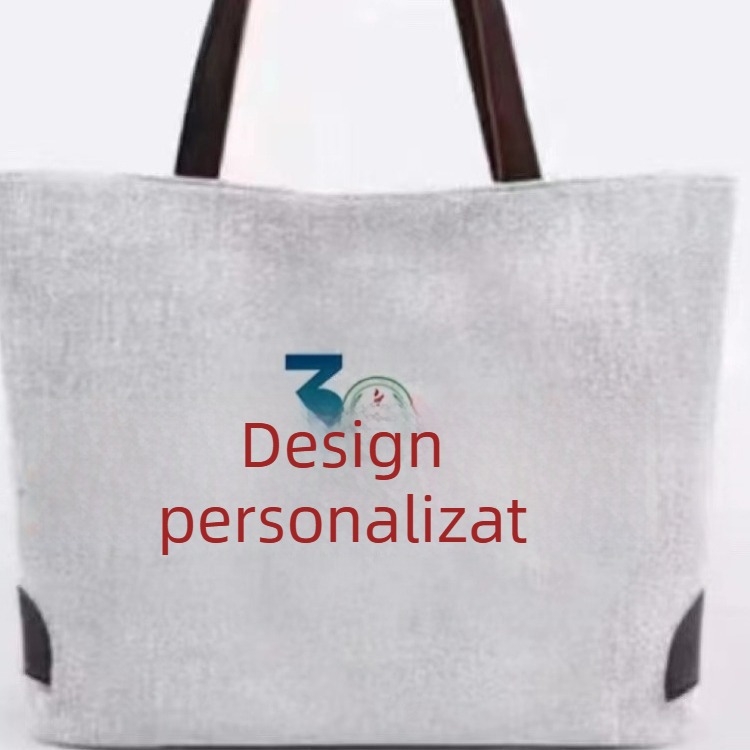 Geantă de umăr din pânză, cu funda și motiv iepuraș-fetiță, cu bază și fără laturi, imprimare cu logo