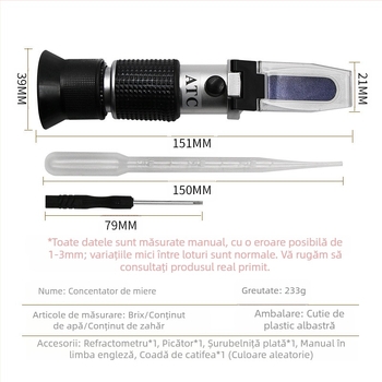 Refraktometru de miere portabil – concentrație 58–90%, Prosperity, pentru producția de zahăr, alimente, băuturi, fabricarea berii, spitale, cercetări farmaceutice și agricole