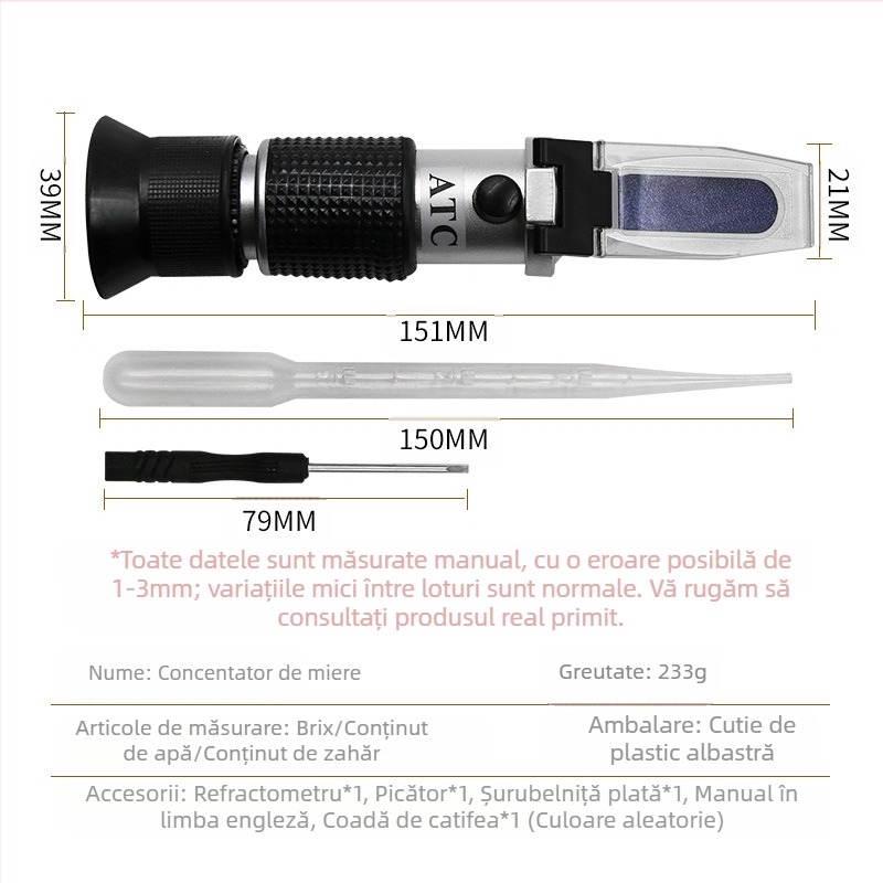 Refraktometru de miere portabil – concentrație 58–90%, Prosperity, pentru producția de zahăr, alimente, băuturi, fabricarea berii, spitale, cercetări farmaceutice și agricole