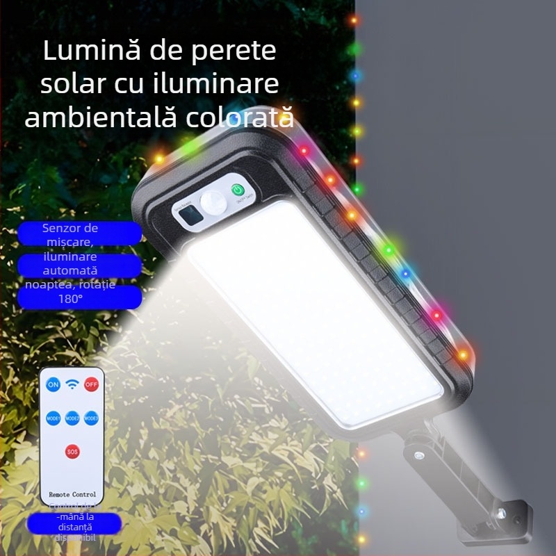 Lumină de perete LED solară cu senzor de mișcare – lanternă de grădină IP65, 20W, 3.7V, viață 20000 h, funcționare 6-12 h