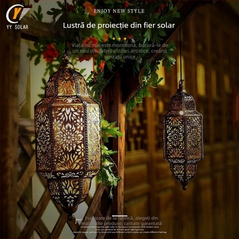 Candelabru solar din fier, exterior, suspensat, proiecție – LED, durată de funcționare 6–12 ore, 0–2W, întrerupător inductiv