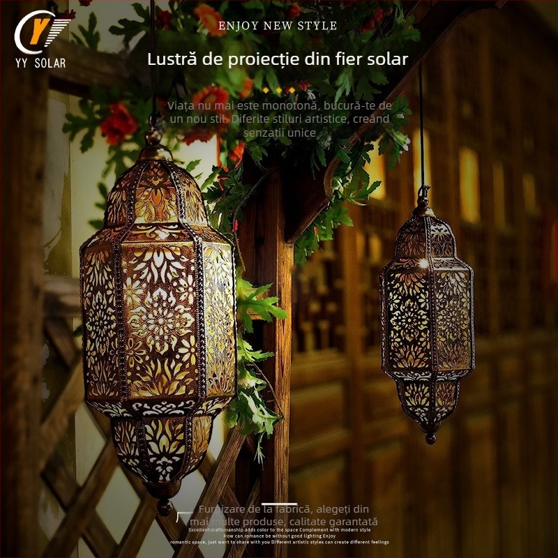 Candelabru solar din fier, exterior, suspensat, proiecție – LED, durată de funcționare 6–12 ore, 0–2W, întrerupător inductiv