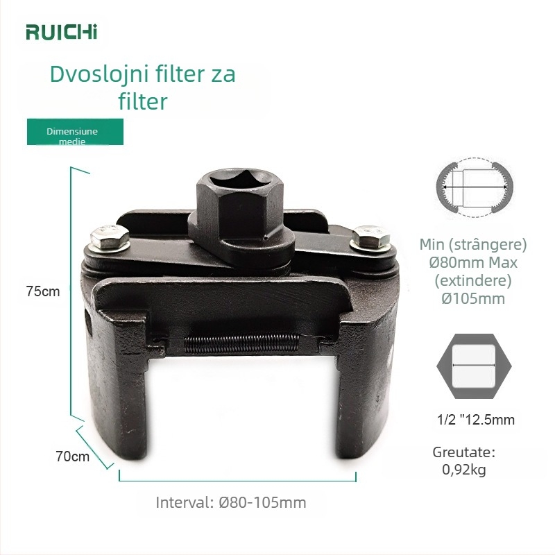 Ruichi 8600 cheie reglabilă cu două fălci pentru filtru de ulei, oțel 45#, pentru demontarea și montarea elementului de filtrare a uleiului, greutate 0,44 kg