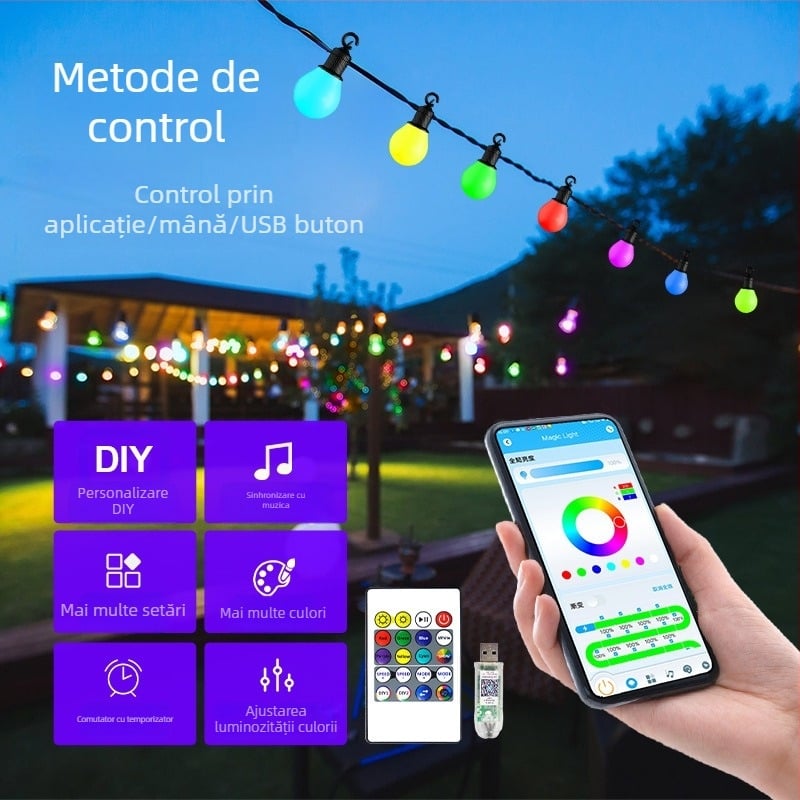 G40 șir de becuri LED inteligente, alimentare USB 5V, 5W, IP65 impermeabil, telecomandă