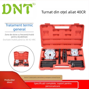 Set de 12 piese pentru demontarea rulmenilor cu disc dublu, din oțel aliaj; pentru reparații auto și mecanice; cuțile 30–50 mm, 50–75 mm; tijă de extindere 4×130 mm, 4×105 mm; traversă 160 mm