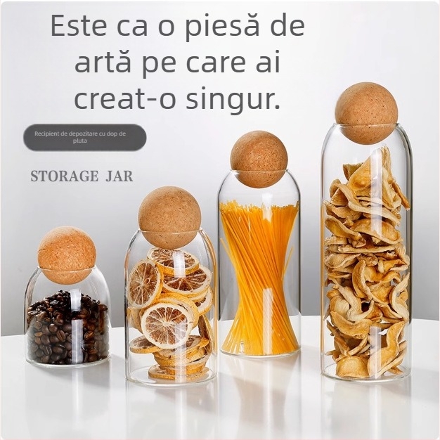 Recipient din sticlă borosilicată cu capac din plută, formă rotundă, pentru ceai și boabe de cafea