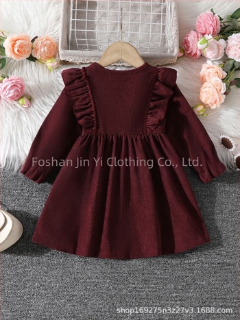 Rochie pentru fetițe, broderie, stil coreean, mâneci lungi, bumbac 95%, fustă plisată