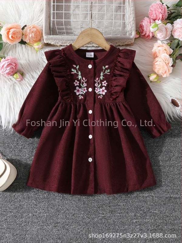 Rochie pentru fetițe, broderie, stil coreean, mâneci lungi, bumbac 95%, fustă plisată