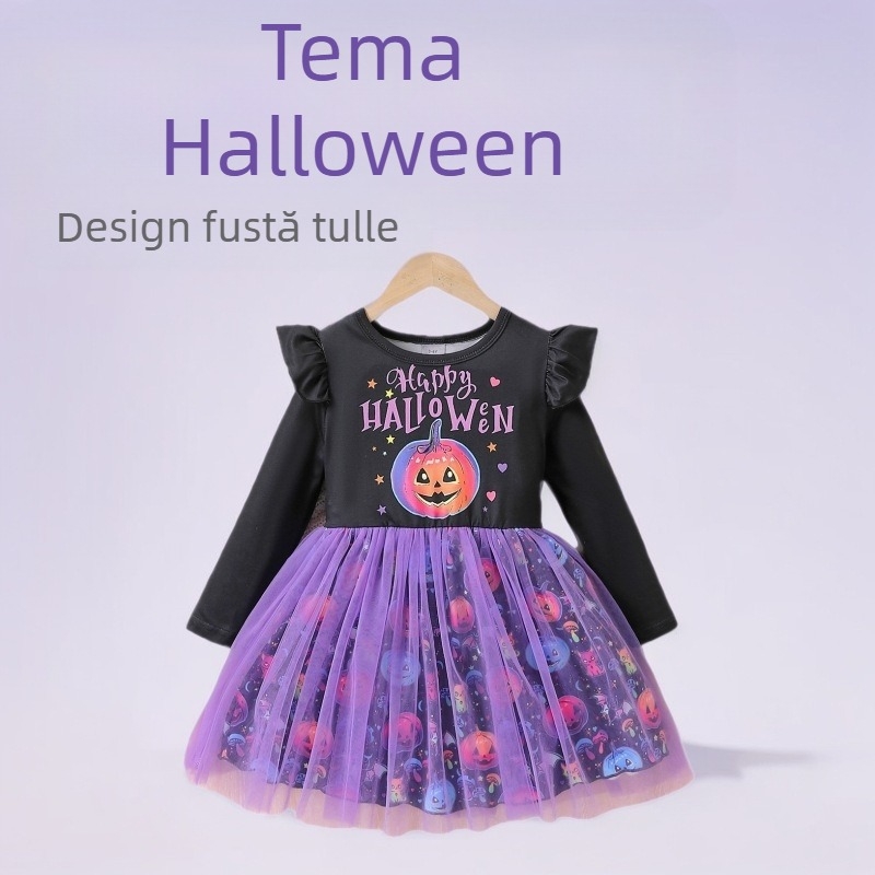 Rochie de prințesă pentru fetițe, cu patchwork din plasă și imprimeu all-over cu dovleac și litere – mâneci lungi, poliester cu căptușeală de bumbac, pentru copii 3–8 ani