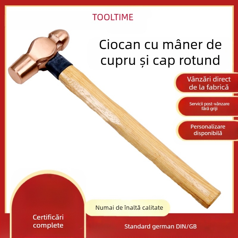 Ciocan cu cap rotund, din cupru roșu și mâner din lemn, rezistent la explozii, greutate netă 0,23–1,13 kg (1/2–2 1/2 lb)
