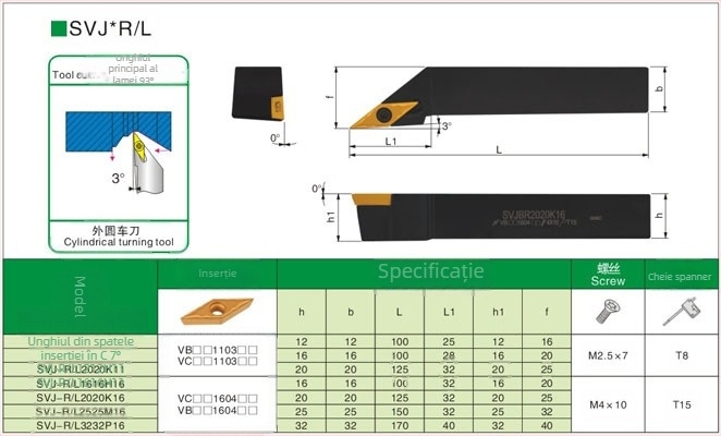 Bară de scule pentru strunjire CNC, geometrie cilindrică de 93°, SVJBR/SVJBL1616H16/2020K16/2525M16/3232P16, Bethke