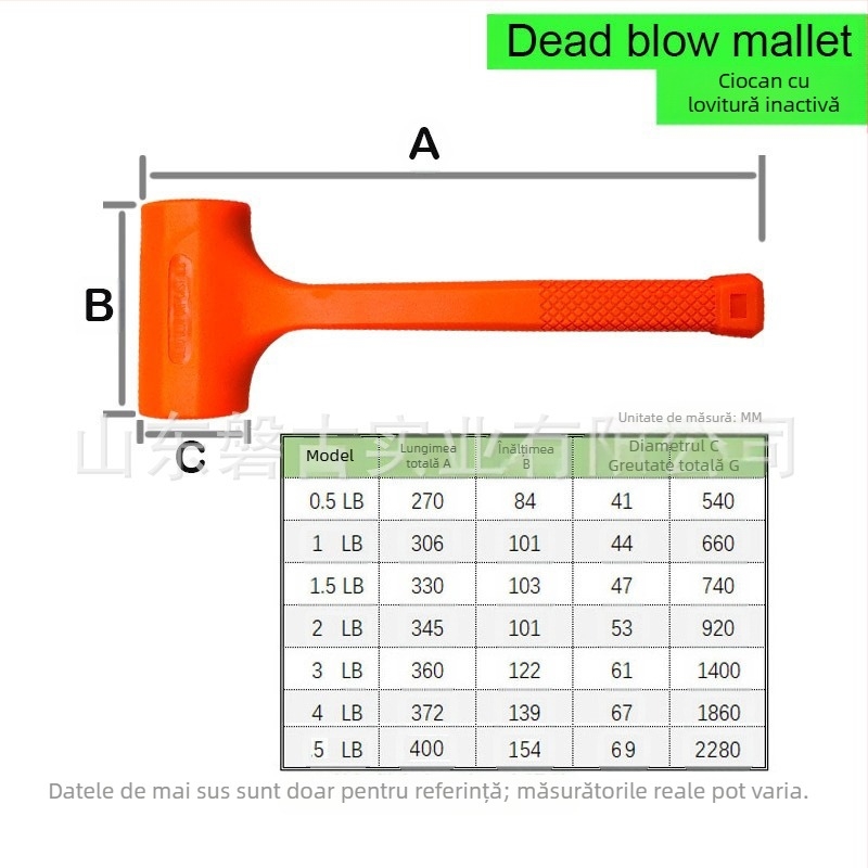 Ciocan de cauciuc cu cap PVC și mâner din plastic, rigid, pentru instalări în industrie și lucrări pe șantier — rezistent la șocuri