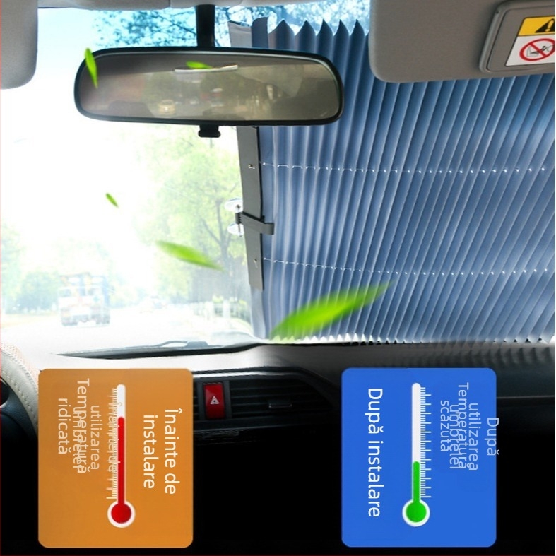 Protecție solară pentru parbrizul frontal al mașinii, retractabilă automată, tip opac gros, montaj lamelar (Materiale: ventuză + folie de aluminiu; Potrivit pentru toate modelele de mașini)