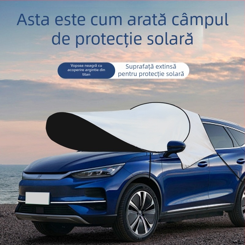 Umbra auto pentru parbrizul frontal – folie de aluminiu, montaj telescopic, acoperire pentru zona frontală; personalizare disponibilă și imprimare de logo